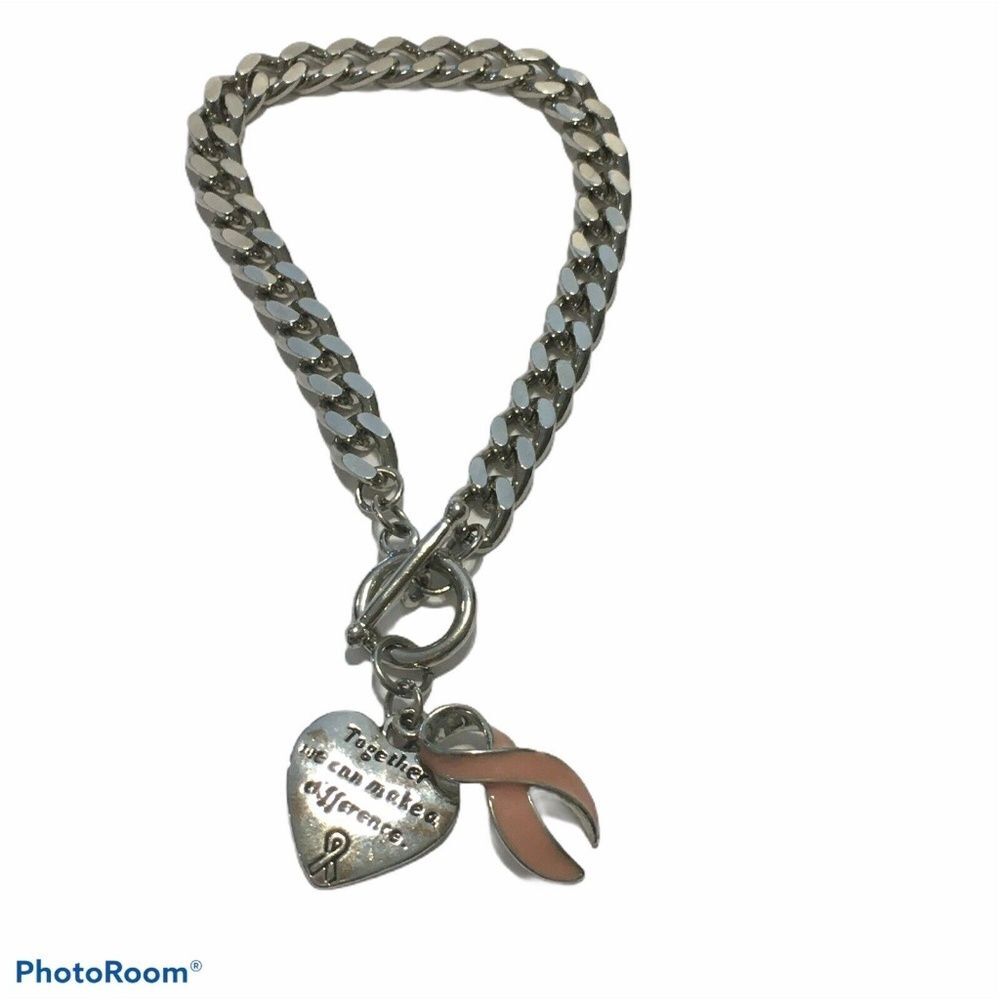 Pink Ribbon Breast Cancer silver chain bracelet